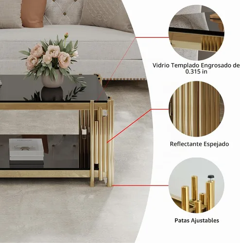Vista 6 de Mesa auxiliar rectangular de vidrio de 48 pulgadas, mesa de centro de 2 niveles con parte superior de vidrio templado negro, patas de acero