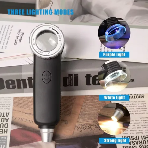 Vista 4 de Lupa de joyería 30X con 7 luces, lupa de mano plegable recargable por USB con linterna de evaluación de jade para evaluación de joyas, monedas