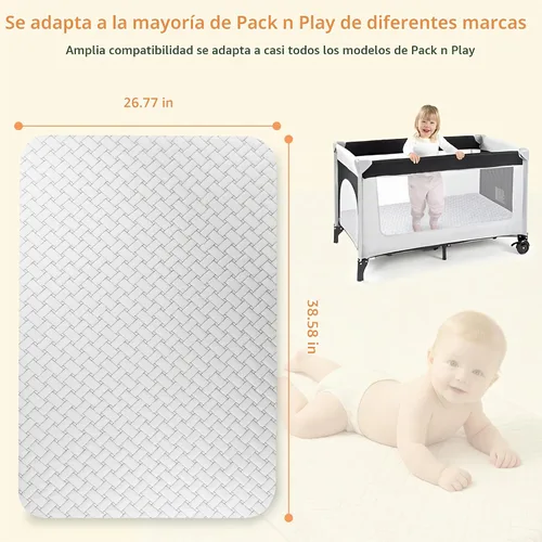 Vista 2 de PanKers Pack and Play Mattress de 38 x 26 pulgadas, colchón de espuma viscoelástica de doble cara N Play con funda extraíble transpirable, parte