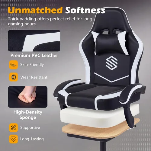 Vista 7 de GIANTEX Gaming Chair, Height Adjustable Computer Desk Chair with Headrest, Lumbar Support, Linkage Armrests, Reclining Backrest & Footrest Negro