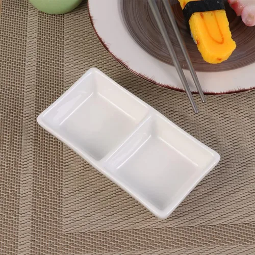 Vista 7 de Kichvoe Plato de cerámica de 2 compartimentos para aperitivos divididos, bandeja para servir aperitivos para salsa de soja, vinagre, ketchup