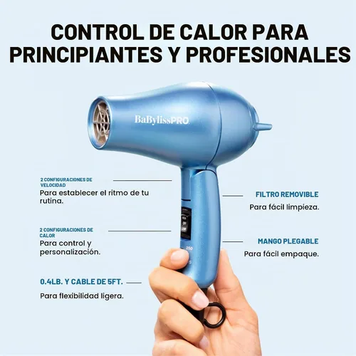 Vista 5 de BaBylissPRO Nano Titanium Travel Hair Dryer, 1000 Watt Professional Blow Dryer with Concentrator Nozzle, Foldable Handle, Dual Voltage