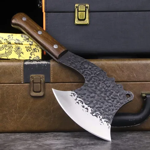 Vista 3 de MAYiT Cuchillo de carnicero para carne, hacha táctica afilada de acero de alto carbono forjado a mano, mango de madera de sándalo, hacha de corte
