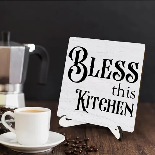 Vista 4 de Letrero de cocina de granja de madera de 5 x 5 pulgadas, decoración de soporte de mesa de escritorio de madera con texto en inglés "Bless This Cook