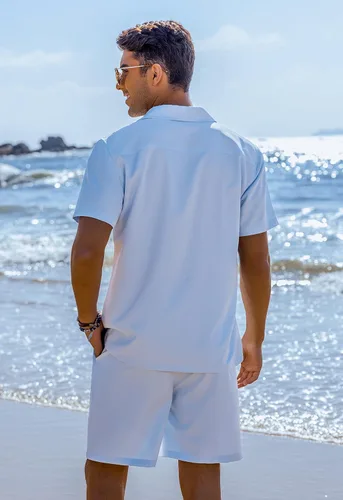 Vista 4 de COOFANDY Conjunto corto de 2 piezas para hombre, camisa con botones Guayabera, casual, trajes de playa de verano