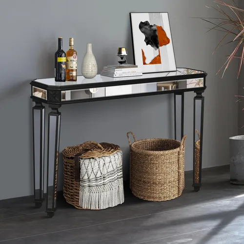 Vista 8 de Moderna mesa de consola plateada con espejo con 2 cajones de almacenamiento, escritorio rectangular de tocador, mesa de tocador de maquillaje