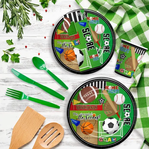 Vista 6 de Xigejob Artículos para fiestas de cumpleaños con temática deportiva, platos, vasos, servilletas, mantel, cubiertos, pajitas, fútbol, baloncesto