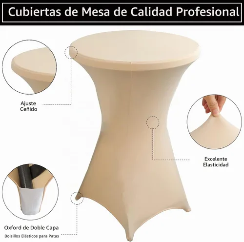 Vista 5 de Paquete de 2 Fundas para Mesa de Cóctel de Spandex Champán de 32x43 Pulgadas, Mantel de Cóctel Redondo Elástico, Funda de Mesa Highboy Ajustada