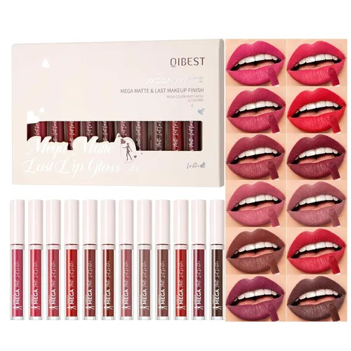 Vista 7 de Juego de brillo labial de 12 colores para mujer, esmalte labial hidratante brillante con alto pigmento, juego de tinte labial hidratante