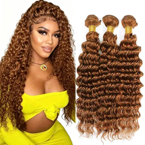 Vista 127 de P4613 Cabello humano rizado onda profunda marrón y paquetes mixtos 8 10 12 P4613 Ombre Marrón-Rubio-DP