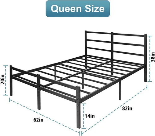Vista 2 de Base de cama con cabecero, base de cama con plataforma de 14 pulgadas, no requiere somier, base de cama metálica de tamaño Queen con espacio
