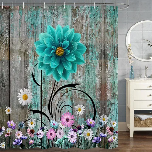Vista 9 de Cortina de ducha rústica con diseño floral, cortina de ducha rústica con margaritas, cortina de ducha de madera rústica con ganchos, 36 x 72 Verde