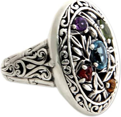 Vista 2 de NOVICA Multi-Gem, anillo de cóctel de plata de ley 925, flores de bambú, Plata Esterlina, multi Sin piedras preciosas