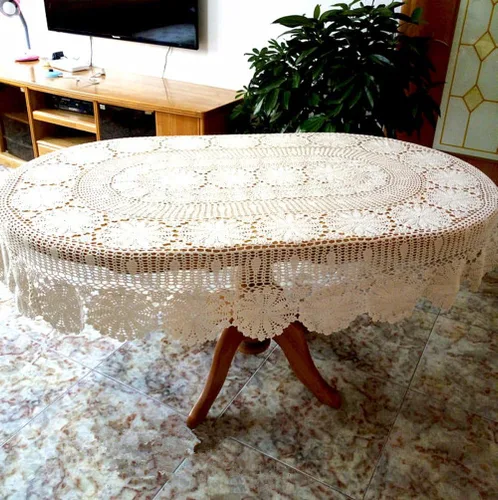 Vista 3 de USTIDE Mantel ovalado vintage de ganchillo de algodón beige para mesa de mesa ovalada rústica para bodas/fiestas, 59 x 82.6 pulgadas