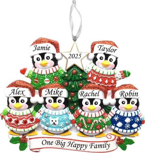 Vista 6 de Adorno de Navidad familiar 2025 – Adorno personalizado para familias – Adorno familiar de pingüinos personalizado – Decoración para árbol de Familia