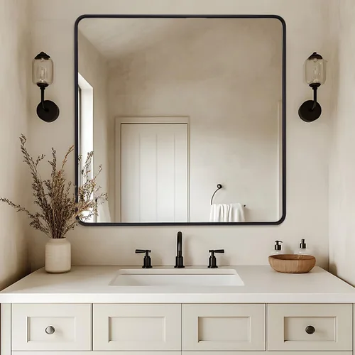 Vista 75 de Espejo de latón para baño, espejo rectangular redondeado de 22x30 pulgadas con marco de metal cepillado dorado, espejo de tocador de baño sin