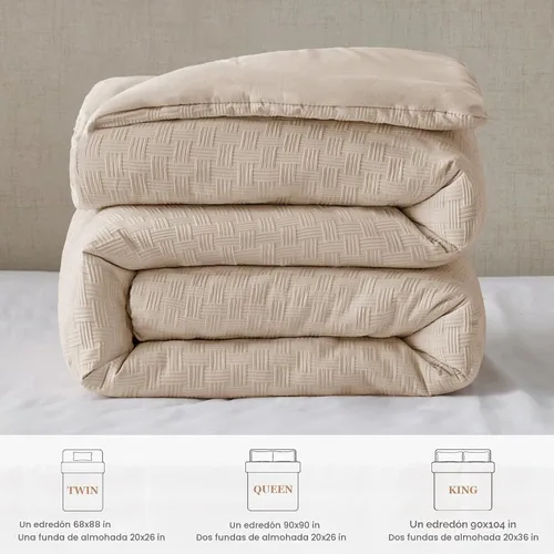 Vista 5 de Whale Flotilla Jacquard Checkered Extra Soft King Comforter Set, Beige Juego de edredón reversible de microfibra tamaño King con 2 fundas