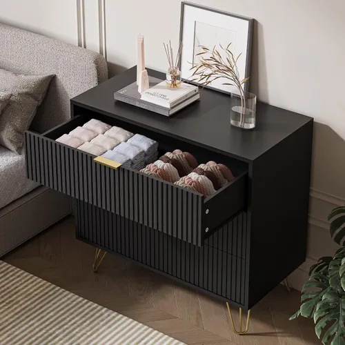 Vista 4 de MAISONARIA Cómoda negra de 3 cajones para dormitorio, cómoda moderna de armario, cómoda acanalada con asas de metal dorado, mesita de noche