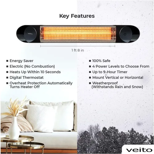 Vista 3 de Veito Blade Calentadores 1500W (Negro) IP55 weatherproof carbon infrared heater with remote. Premium indoor & outdoor wall mount for patios, homes