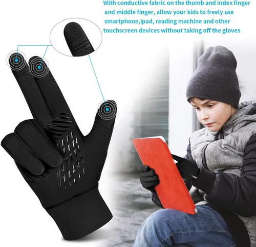 Vista 4 de YukiniYa Guantes de invierno para niños, repelentes al agua, pantalla táctil, forro polar, antideslizantes, para niños y niñas de 3 a 15 años, Negro