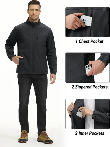 Vista 5 de TACVASEN Chaqueta ligera Softshell para hombre, con forro polar, impermeable, táctica, con cremallera, abrigo de invierno cortavientos casual
