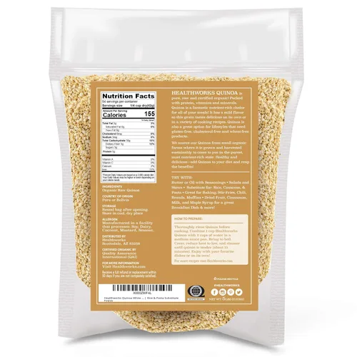Vista 2 de Healthworks Superfoods Quinoa orgánica de grano entero blanco crudo, 80 onzas / 5 libras, proteína, fibra y hierro, origen peruano, sustituto