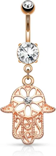 Vista 4 de Pierced Owl 14G Stainless Steel Beaded Hamsa Hand CZ Dangle Belly Ring Chapado en oro de 14 quilates.