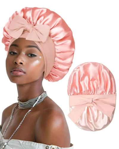 Vista 12 de Gorro de satén para mujeres, gorros de seda para dormir, gorro para cabello rizado con banda elástica con lazo, reversible de doble capa, gorro
