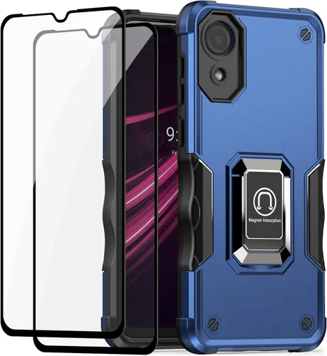 Vista 9 de Funda para Samsung Galaxy A03 Core, con [2 piezas] protector de pantalla de vidrio templado, soporte magnético de anillo de metal, con soporte