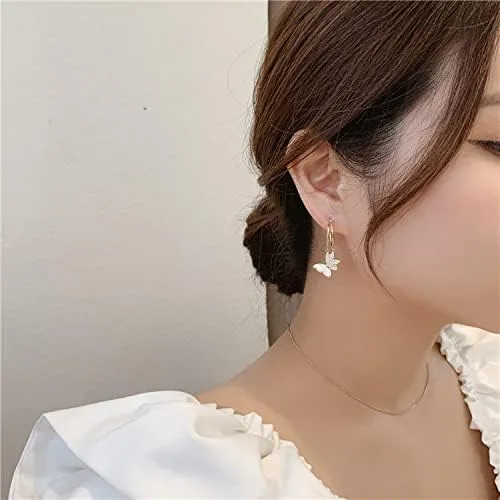Vista 3 de Aros abiertos ligeros de color oro de 14 quilates para mujeres y niñas con doble capa mariposa cola de sirena cuatro hojas trébol estrella CZ
