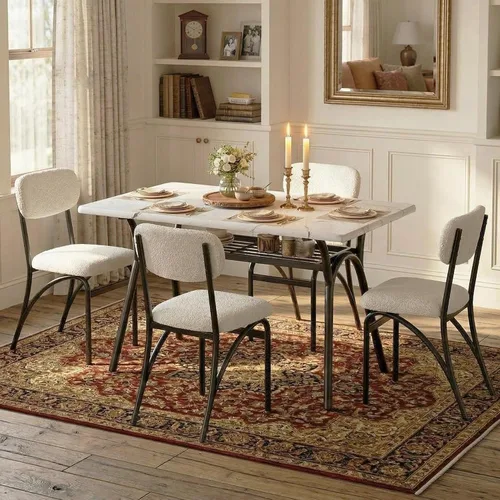 Vista 12 de GarveeHome Juego de mesa de comedor de 5 piezas para 4, mesa de cocina moderna con 4 sillas de bouclé, mesa de comedor rectangular con estante
