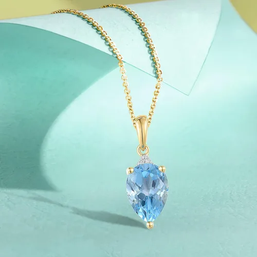 Vista 3 de Santuzza Colgante de oro macizo blanco de 10 quilates, con forma de pera, topacio azul suizo, con diamantes auténticos, sin cadena, para mujer, Gema