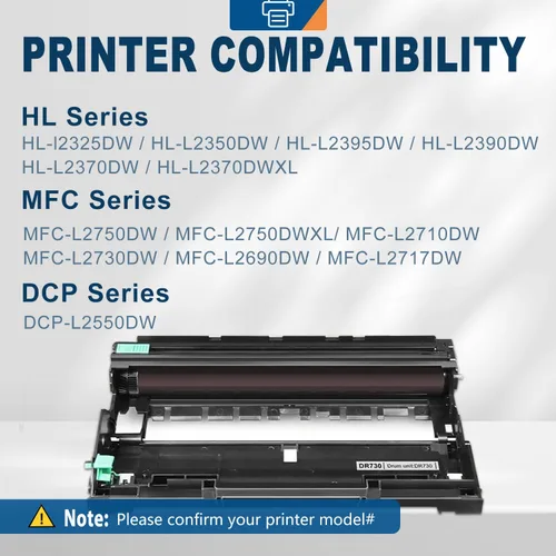 Vista 3 de Unidad de tambor compatible con DR730 (no tóner) para Brother DR-730 (paquete de 2) DR760 760 para HL-L2350DW HL-L2370DW HL-L2395DW HL-L2325DW