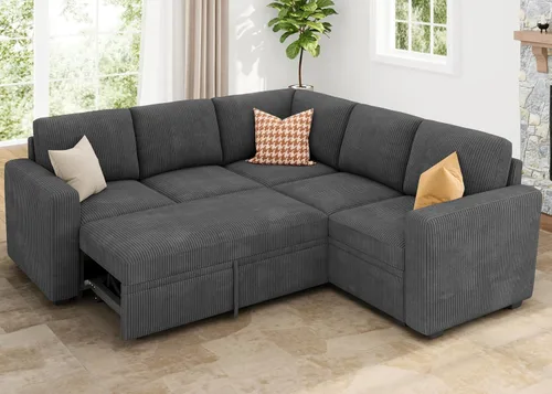 Vista 18 de HONBAY Sofá cama modular, sofá cama modular de pana extraíble con almacenamiento, sofás seccionales en forma de U para sala de estar, color azul