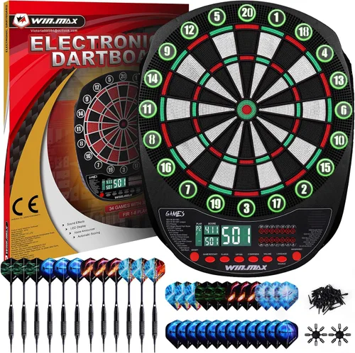 Vista 10 de WIN.MAX Tablero electrónico de dardos de punta suave, juego de pantallas LED, 3 idiomas con 12 dardos 100 puntas adaptador de corriente