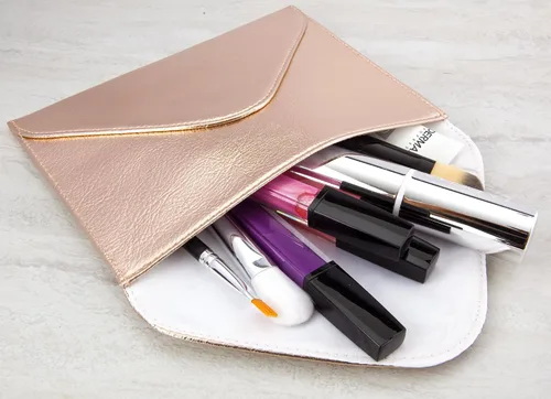 Vista 5 de Bolsa de embrague extra pequeña, 6.3 x 5.1in, color dorado rosa metálico para cosméticos, maquillaje, teléfono móvil y cartera, hecha de piel vegana