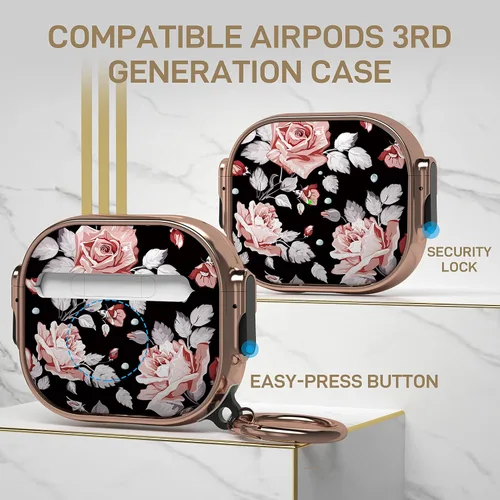 Vista 2 de Maxjoy Funda para AirPods 3 con Cerradura, Funda para AirPod 3 con Cerradura de Flores Protectora Rígida para AirPod de 3ª Generación para Mujeres