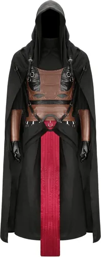 Vista 7 de Disfraz de caballero Darth Revan para hombre, conjunto completo, túnica con capucha, capa negra, uniforme de batalla, medieval para Halloween