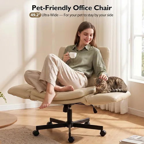 Vista 3 de Silla Criss Cross con ruedas y reposabrazos, piel sintética, color beige