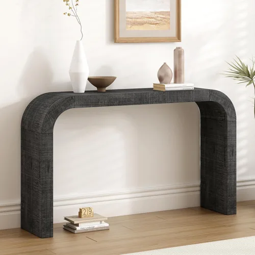 Vista 23 de Mesa consola de madera de 45 pulgadas para mesa de entrada, consola minimalista estrecha retro de granja con madera de mango maciza, mesas de sofá