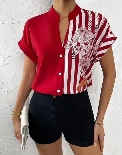 Vista 2 de Pantete Blusa de manga corta con botones y cuello en V para mujer