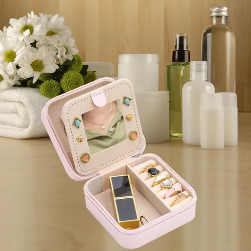 Vista 4 de Uhelper Joyero de viaje Joyero con dije de inicial Joyero multifuncional personalizado Regalos de cumpleaños para mujeres, D-rosa