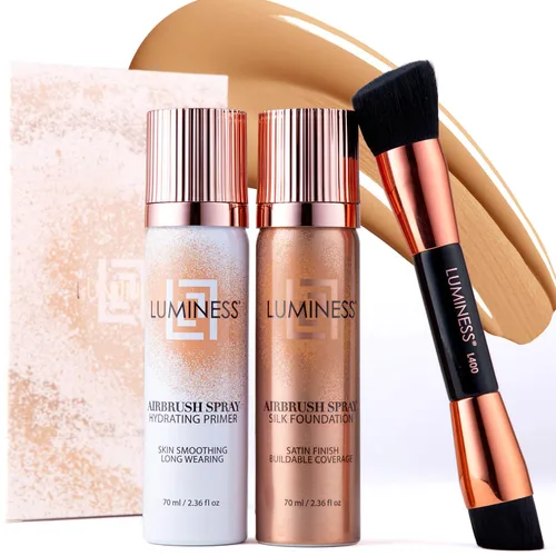 Vista 19 de LUMINESS Silk Airbrush Spray Foundation Kit de 3 piezas – base, prebase y brocha de maquillaje en ángulo de doble cara – Cobertura modulable