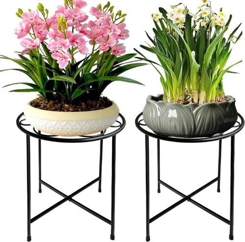 Vista 8 de Soporte redondo para plantas para interiores y exteriores, diseño retro de 15 pulgadas de alto, soporte para plantas de metal recubierto a prueba