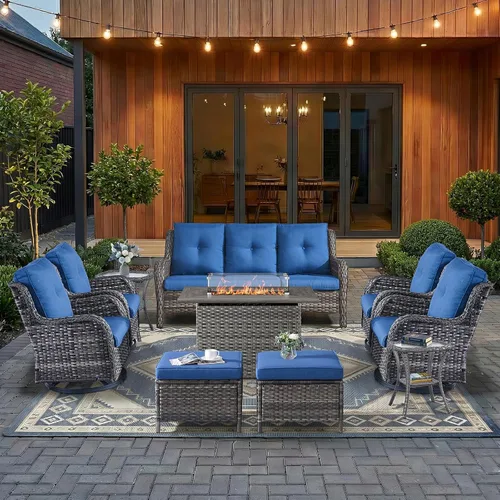 Vista 35 de HUMMUH Juego de 2 Sillas Giratorias Mecedoras de Mimbre para Patio Exterior, Juego de Muebles de Sillas Mecedoras de Ratán (Marrón, Azul) 50,000