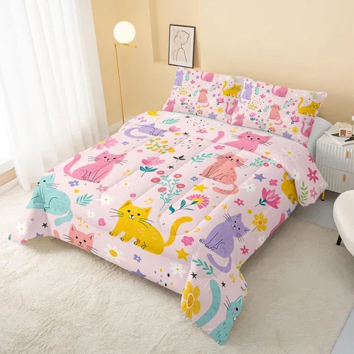 Vista 3 de QOOMO Edredón floral de gato tamaño Twin, juego de ropa de cama de gato rosa para niños, adolescentes y niñas, juego de ropa de cama de 3 piezas