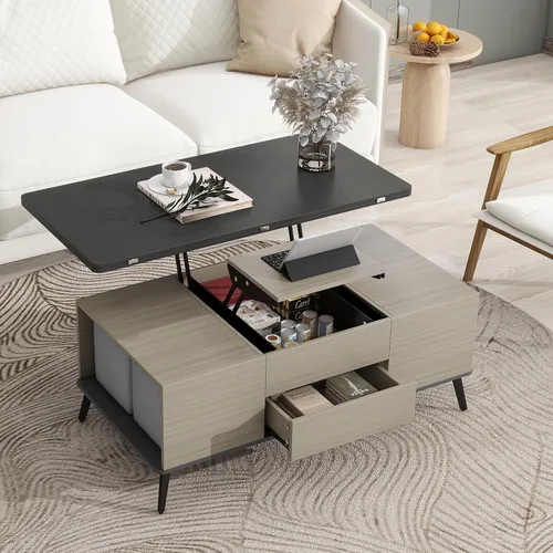 Vista 16 de Mesa auxiliar elevable, mesa auxiliar multifuncional con estantes abiertos, mesa de comedor moderna para sala de estar, oficina en casa (negro #004)