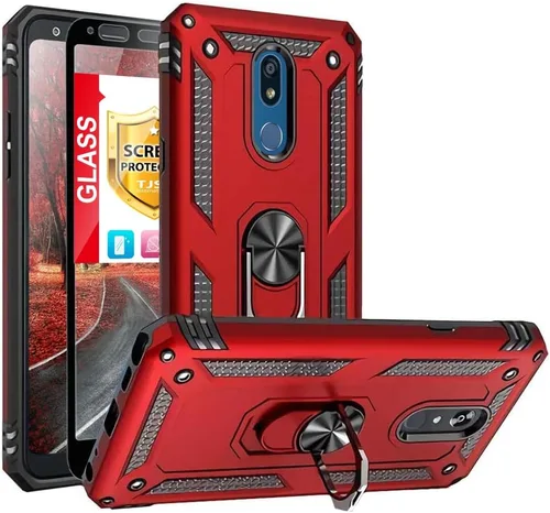 Vista 10 de TJS Funda para teléfono LG K40/K12 Plus/X4/Solo LTE/Harmony 3 (azul) con protector de pantalla de vidrio templado de cobertura completa, anillo
