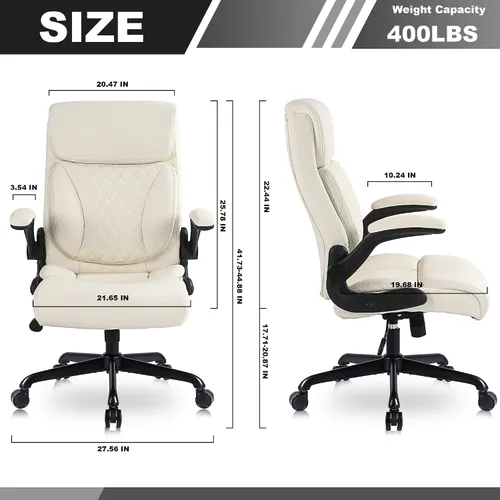 Vista 3 de Youhauchair Silla de oficina ejecutiva, silla ergonómica de piel sintética para computadora con soporte lumbar, reposabrazos abatibles y altura Beige