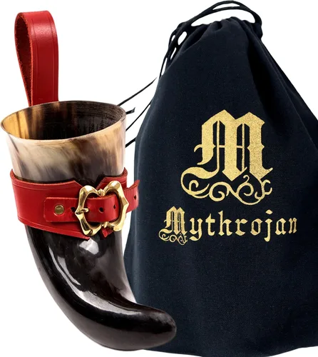 Vista 36 de Mythrojan Cuerno vikingo para beber 100% natural, auténtico, decoración de latón, cuerno nórdico con funda de cuero negro, bolsa de lona para vino
